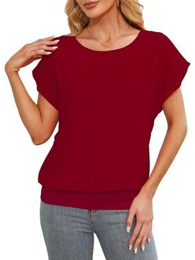 Women Wine Red Comfortable Flutter Short Sleeve Chiffon Blouse Casual Dressy Top